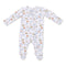 An Angel Dear baby long-sleeve footed sleeper in white with an all-over football-themed print in blue, orange, and beige, shown flat on a white background. Available at Be Charmed