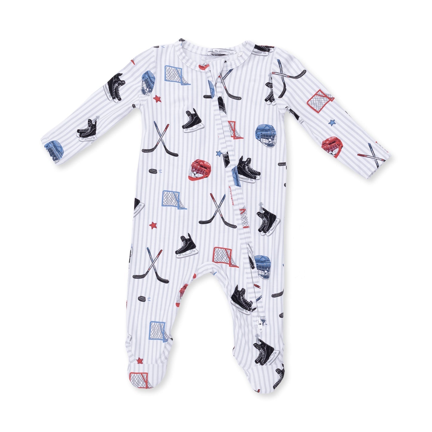 Angel Dear Baby onesie with hockey-themed pattern on a white background. Available at Be Charmed