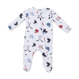 Angel Dear Baby onesie with hockey-themed pattern on a white background. Available at Be Charmed