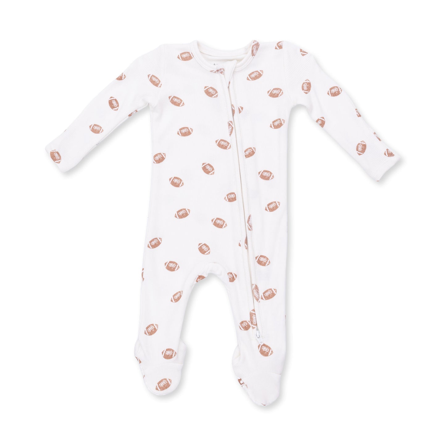An Angel Dear white long-sleeve baby footed sleeper with an all-over brown football print, featuring a front zipper closure. Available at Be Charmed