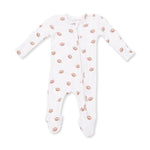 An Angel Dear white long-sleeve baby footed sleeper with an all-over brown football print, featuring a front zipper closure. Available at Be Charmed