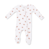 An Angel Dear white long-sleeve baby footed sleeper with an all-over brown football print, featuring a front zipper closure. Available at Be Charmed