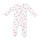 An Angel Dear white long-sleeve baby footed sleeper with an all-over brown football print, featuring a front zipper closure. Available at Be Charmed