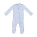 An Angel Dear solid blue long-sleeve baby footed sleeper with a front zipper, laid flat on a white background. Available at Be Charmed