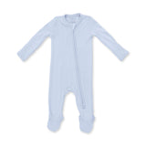 An Angel Dear solid blue long-sleeve baby footed sleeper with a front zipper, laid flat on a white background. Available at Be Charmed