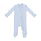 An Angel Dear solid blue long-sleeve baby footed sleeper with a front zipper, laid flat on a white background. Available at Be Charmed