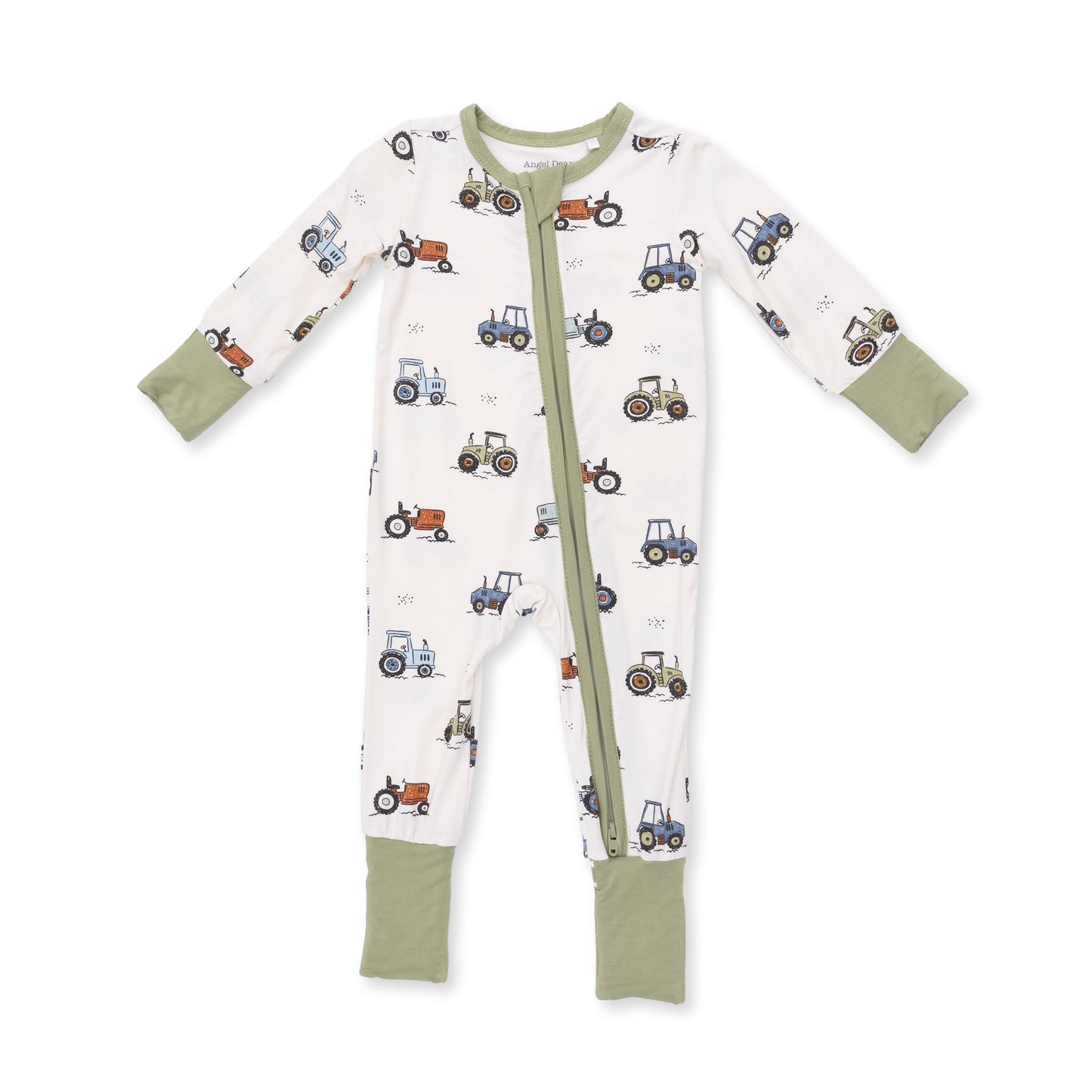 An Angel Dear baby long-sleeve footed sleeper with a white background, olive green trim, and an all-over tractor print in blue, red, and brown. Available at Be Charmed