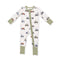An Angel Dear baby long-sleeve footed sleeper with a white background, olive green trim, and an all-over tractor print in blue, red, and brown. Available at Be Charmed