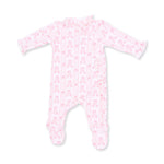 An Angel Dear baby long-sleeve footed sleeper in light pink with a repeating pattern of darker pink ballet shoes, shown on a plain white background. Available at Be Charmed