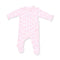 An Angel Dear baby long-sleeve footed sleeper in light pink with a repeating pattern of darker pink ballet shoes, shown on a plain white background. Available at Be Charmed