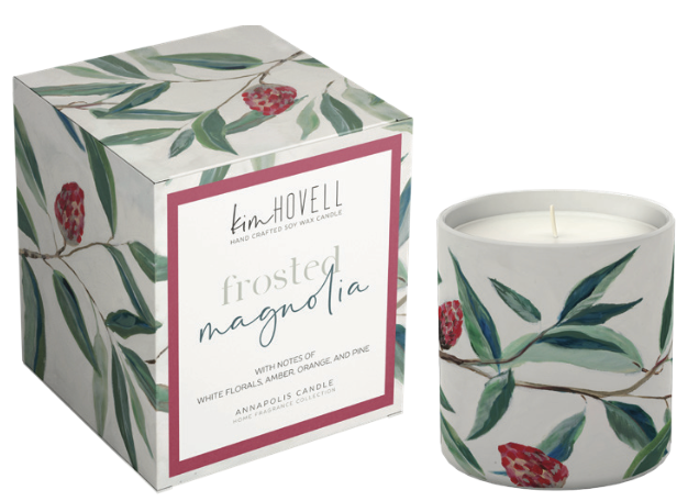 Annapolis Candle Kim Hovell Frosted Magnolia boxed scented candle featuring elegant floral packaging available at Be Charmed