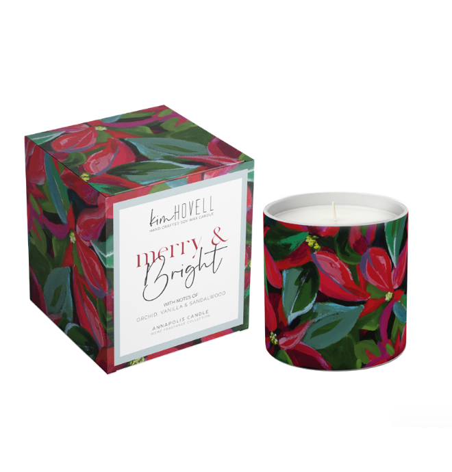 Annapolis Candle Kim Hovell Merry and Bright boxed scented candle featuring festive holiday packaging available at Be Charmed