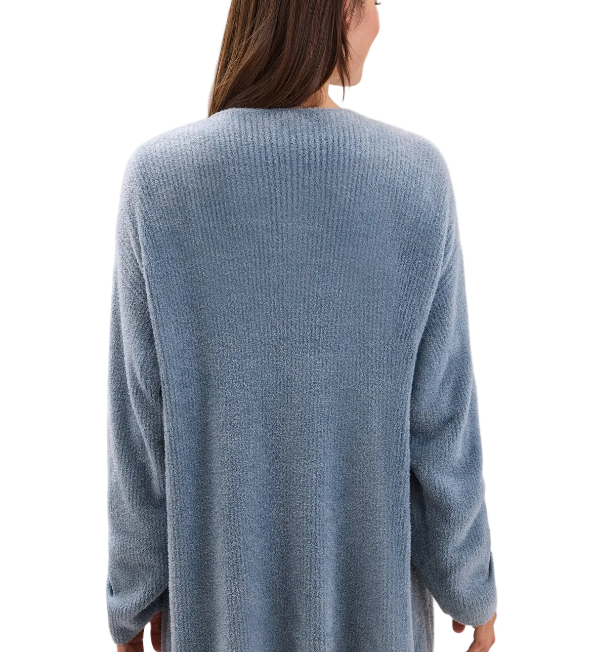 Back view of Barefoot Dreams CCL Thin Rib Button Front Cardigan in blue aura featuring a cozy button-front design available at Be Charmed