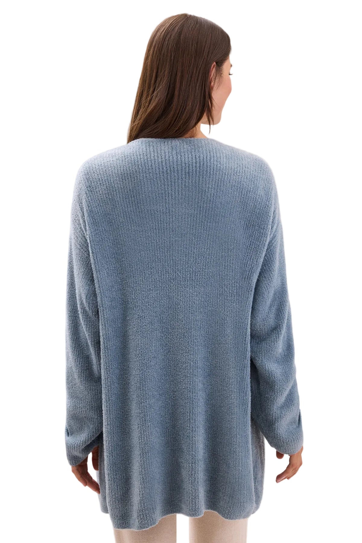 Back view of Barefoot Dreams CCL Thin Rib Button Front Cardigan in blue aura featuring a cozy button-front design available at Be Charmed