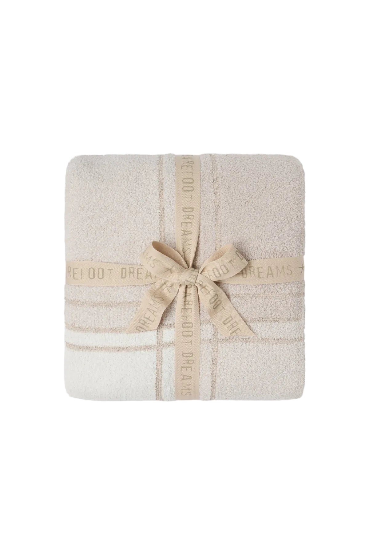 Folded Barefoot Dreams CozyChic Buffalo Plaid Throw in Stone Multi available at Be Charmed, showcasing a cozy checkered pattern and ultra-soft knit texture.
