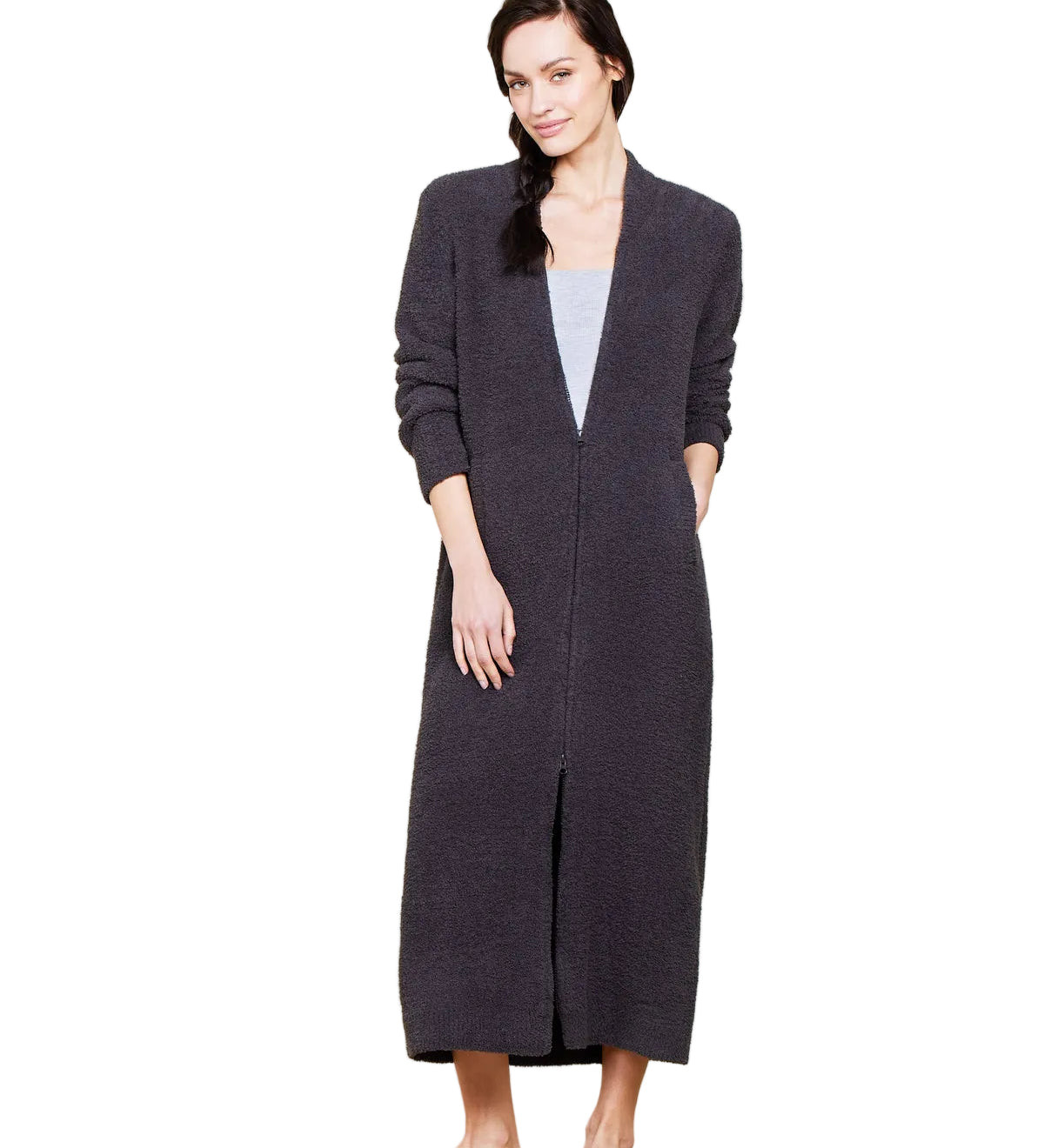 Barefoot Dreams Barefoot Dreams CozyChic Full Zip V-Neck Lounger in carbon; plush knit zip-up robe available at Be Charmed
