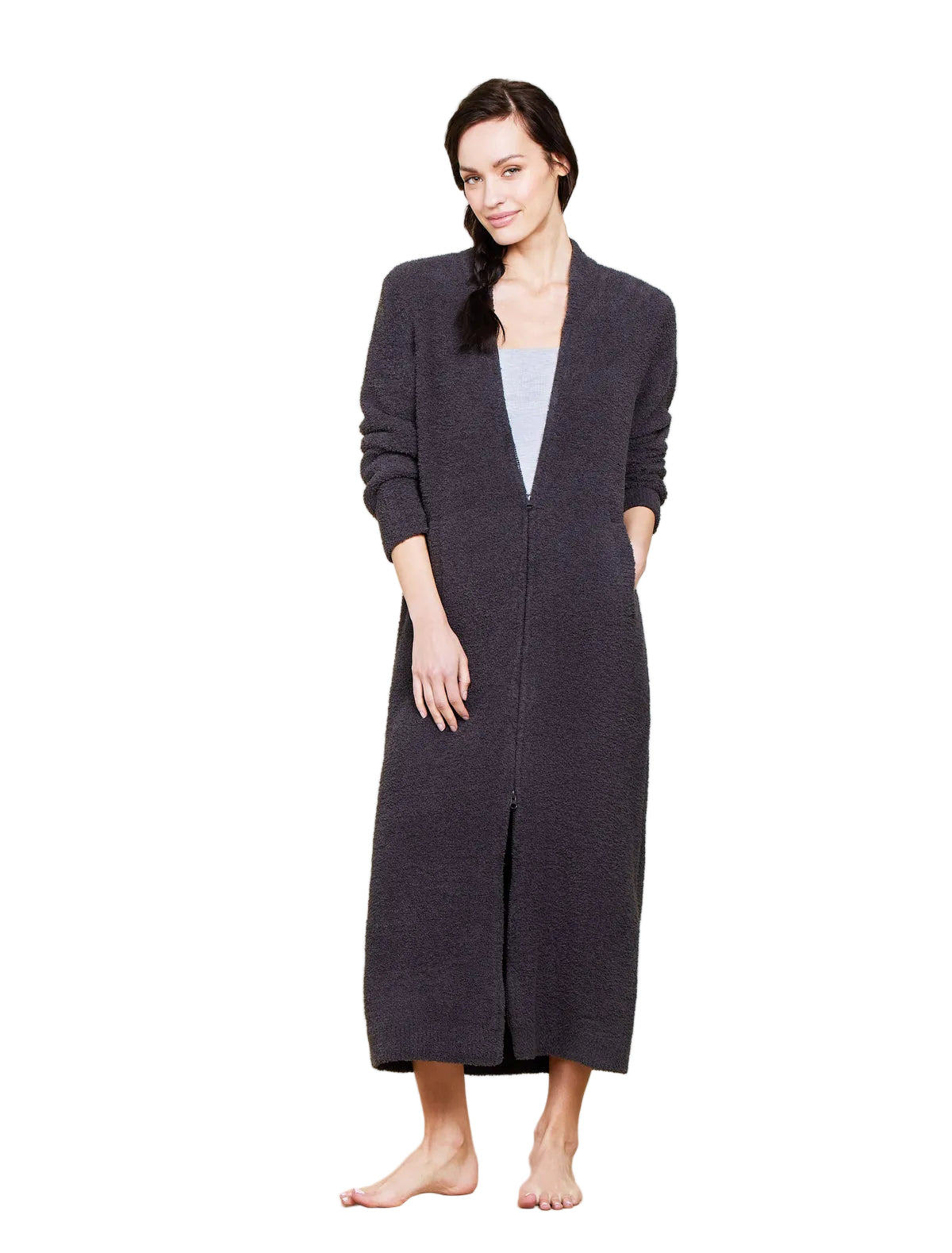 Barefoot Dreams Barefoot Dreams CozyChic Full Zip V-Neck Lounger in carbon; plush knit zip-up robe available at Be Charmed