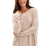 Barefoot Dreams CozyChic Ultra Lite Scallop Neck Slouchy Pullover in stone featuring a slouchy neckline available at Be Charmed