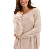 Barefoot Dreams CozyChic Ultra Lite Scallop Neck Slouchy Pullover in stone featuring a slouchy neckline available at Be Charmed