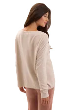 Back view of Barefoot Dreams CozyChic Ultra Lite Scallop Neck Slouchy Pullover in stone featuring a slouchy neckline available at Be Charmed