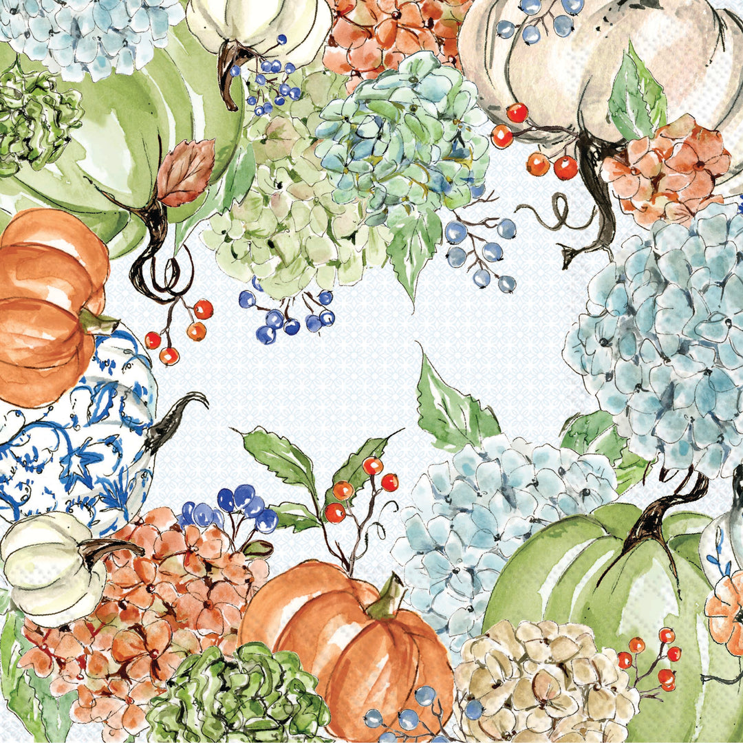 Pattern of pumpkins, hydrangeas, and berries on a Boston International - Cocktail Napkin - Fall available at Be Charmed