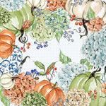 Pattern of pumpkins, hydrangeas, and berries on a Boston International - Cocktail Napkin - Fall available at Be Charmed
