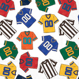 A repeating pattern of illustrated sports jerseys and referee shirts in multiple colors on a Boston International Cocktail Napkin available at Be Charmed