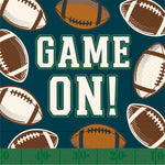 Pattern of footballs with 'GAME ON!' text on a Boston International fall Cocktail Napkin available at Be Charmed