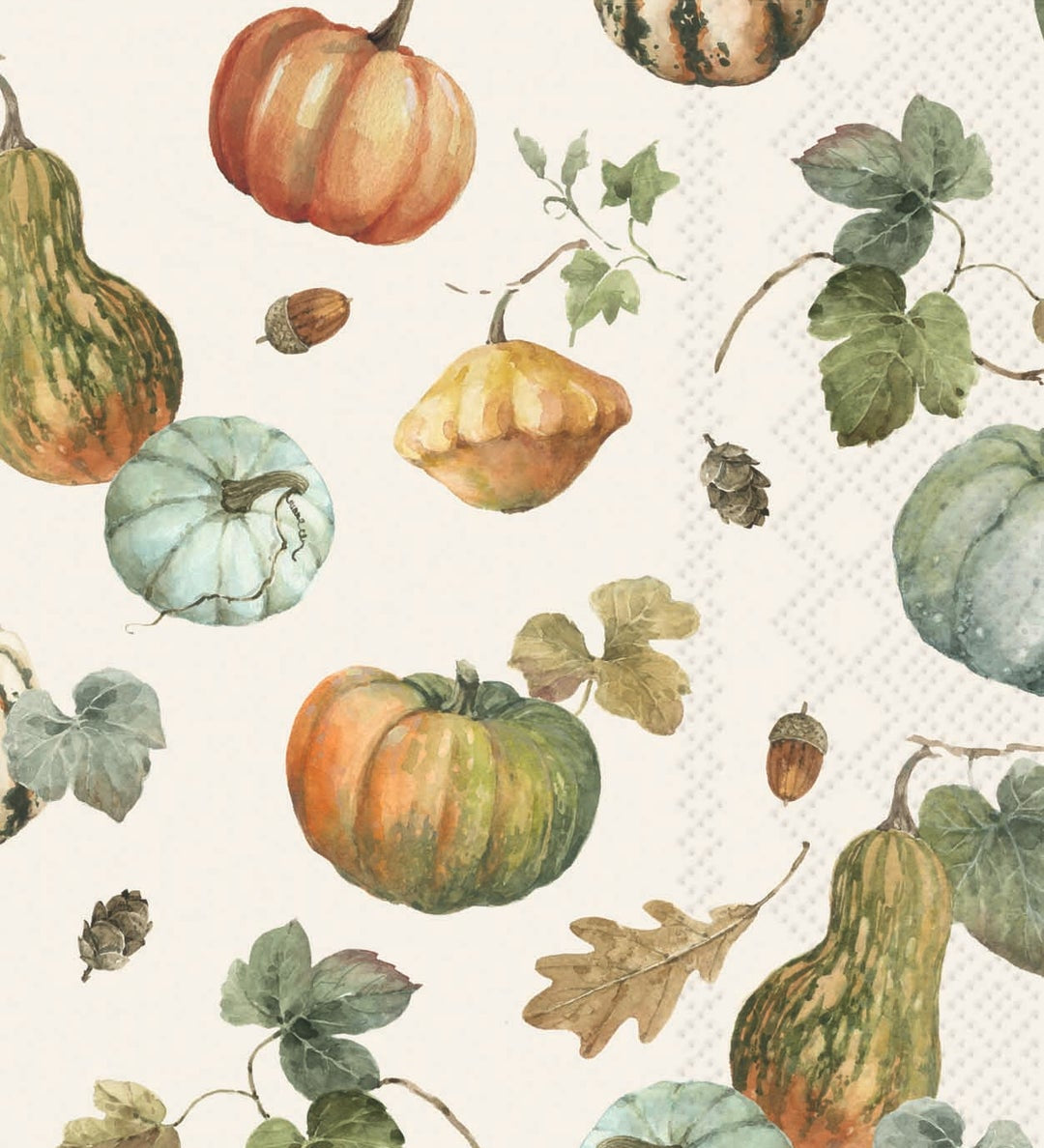 A boston international guest towel repeating autumn watercolor pattern featuring pumpkins, gourds, leaves, acorns, and small berries on a warm off-white background. Available at Be Charmed