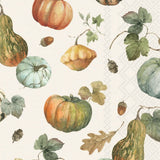 A boston international guest towel repeating autumn watercolor pattern featuring pumpkins, gourds, leaves, acorns, and small berries on a warm off-white background. Available at Be Charmed
