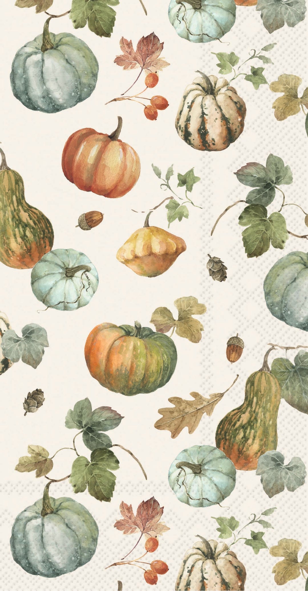 A boston international guest towel repeating autumn watercolor pattern featuring pumpkins, gourds, leaves, acorns, and small berries on a warm off-white background. Available at Be Charmed