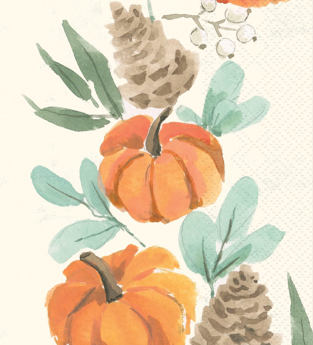 Boston International guest towel with Watercolor autumn floral pattern featuring three orange pumpkins, green leaves, pinecones, and small white berries on a textured off-white background. Available at Be Charmed