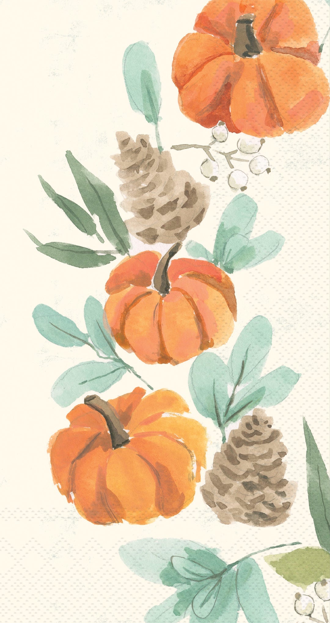 Boston International guest towel with Watercolor autumn floral pattern featuring three orange pumpkins, green leaves, pinecones, and small white berries on a textured off-white background. Available at Be Charmed