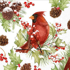 Boston International holiday cocktail napkins in cardinals in holly; featuring festive seasonal patterns available at Be Charmed