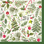 Boston International holiday cocktail napkins in christmas branches all over featuring festive seasonal patterns available at Be Charmed