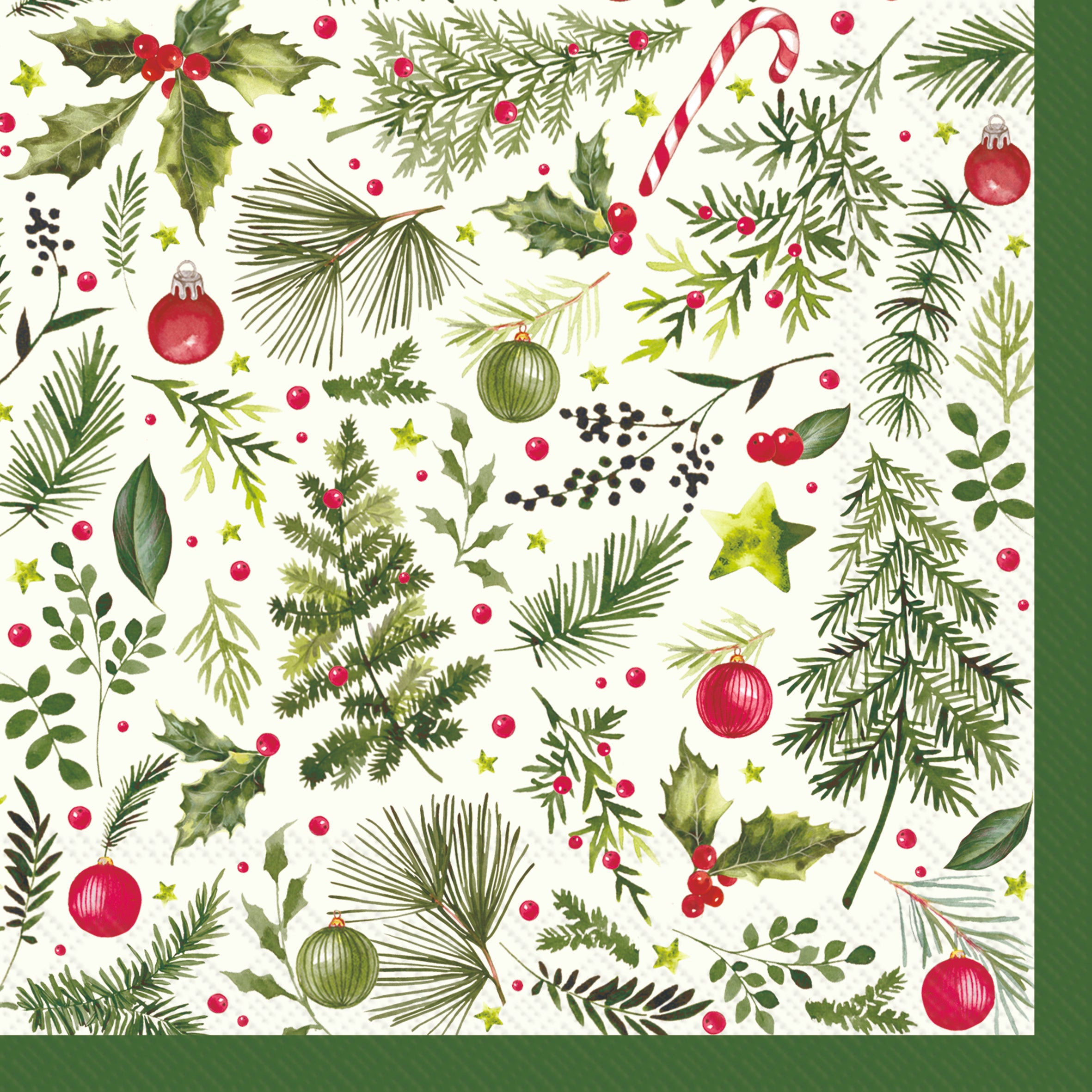 Boston International holiday cocktail napkins in christmas branches all over featuring festive seasonal patterns available at Be Charmed