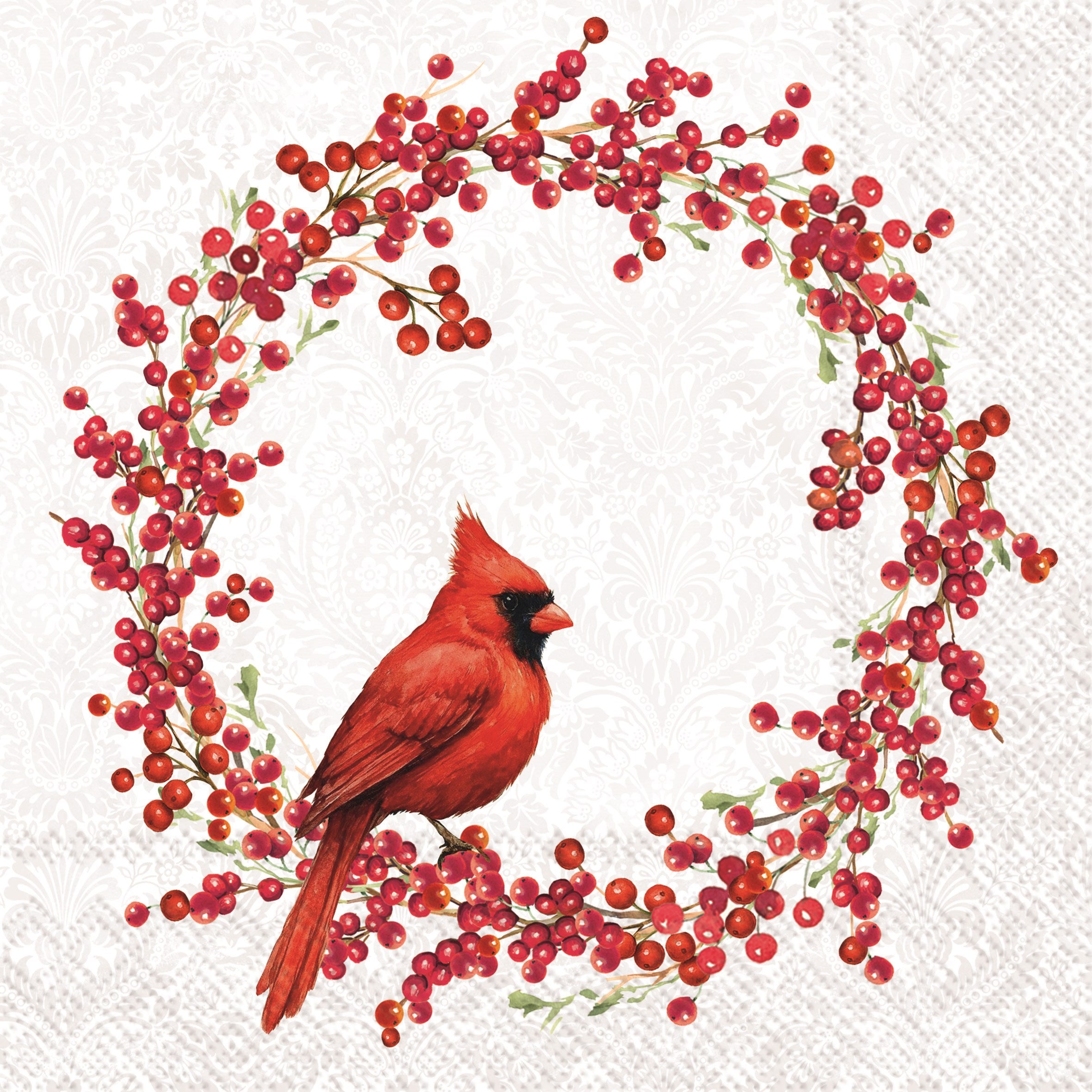 Boston International holiday cocktail napkins in red cardinal light grey; featuring festive seasonal patterns available at Be Charmed