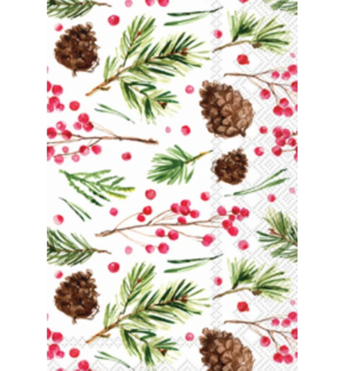 Boston International Holiday Guest Towel  in pinecone pattern; featuring a festive seasonal patterned paper hand towel available at Be Charmed