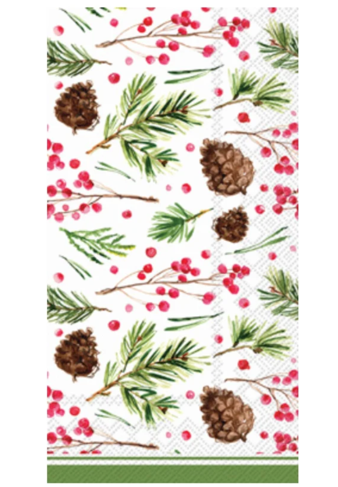 Boston International Holiday Guest Towel  in pinecone pattern; featuring a festive seasonal patterned paper hand towel available at Be Charmed