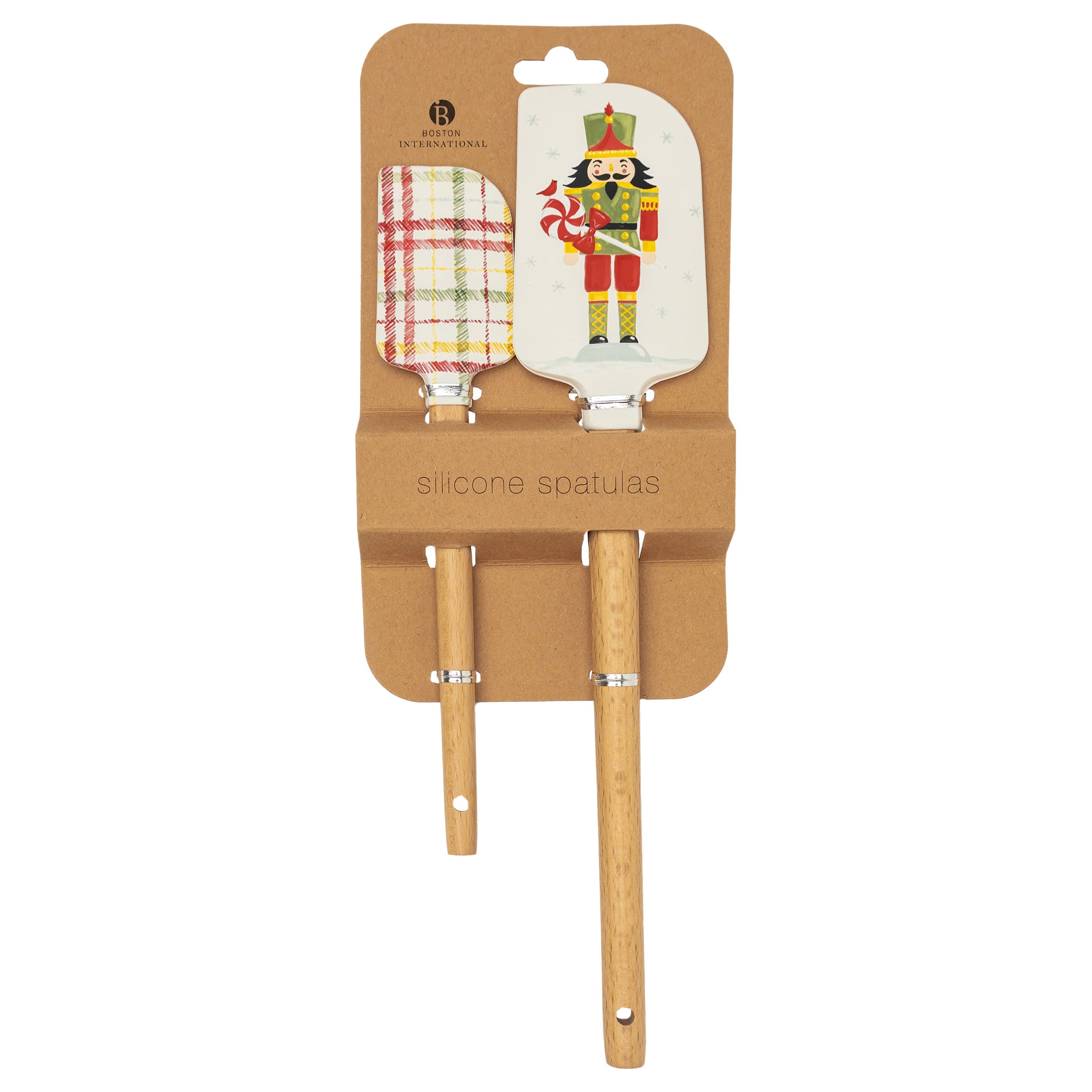 Frosty Fun Boston International holiday spatula set of 2 featuring festive seasonal nutcracker silicone baking spatulas available at Be Charmed