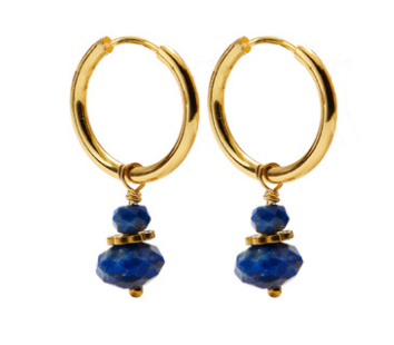 A pair of CAI gold hoop earrings with small lapis stone beads dangling below, shown on a plain white background. Available at Be Charmed