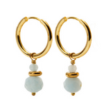 A pair of CAI gold hoop earrings with small aquamarine stone beads dangling below, shown on a plain white background. Available at Be Charmed