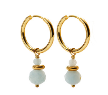 A pair of CAI gold hoop earrings with small aquamarine stone beads dangling below, shown on a plain white background. Available at Be Charmed