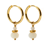 A pair of CAI gold hoop earrings with small moonstone stone beads dangling below, shown on a plain white background. Available at Be Charmed