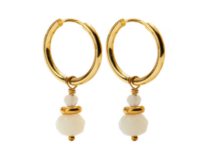 A pair of CAI gold hoop earrings with small moonstone stone beads dangling below, shown on a plain white background. Available at Be Charmed
