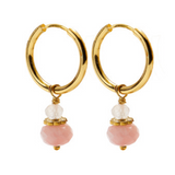 A pair of CAI gold hoop earrings with small pink opal stone beads dangling below, shown on a plain white background. Available at Be Charmed