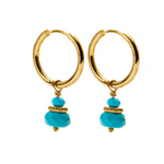A pair of CAI gold hoop earrings with small turquoise stone beads dangling below, shown on a plain white background. Available at Be Charmed