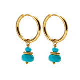 A pair of CAI gold hoop earrings with small turquoise stone beads dangling below, shown on a plain white background. Available at Be Charmed