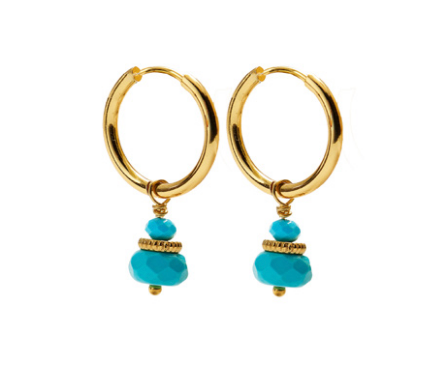 A pair of CAI gold hoop earrings with small turquoise stone beads dangling below, shown on a plain white background. Available at Be Charmed
