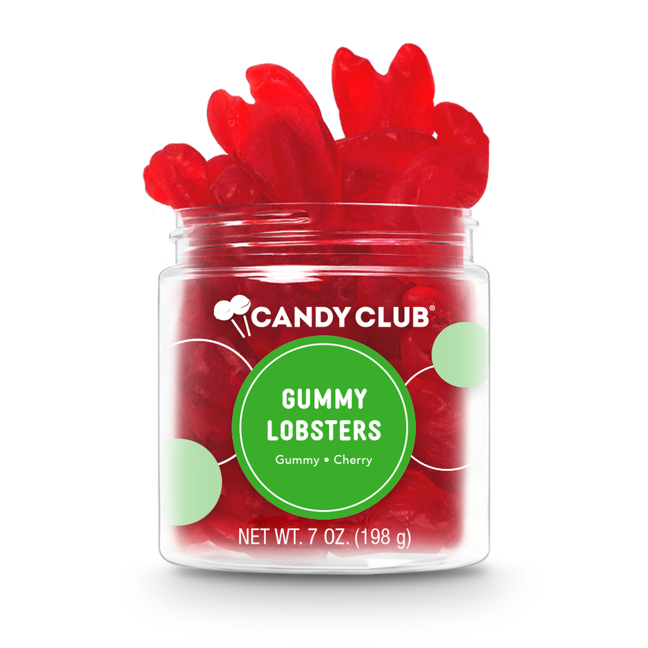 Jar of red gummy lobsters with 'Candy Club' label on a white background. Available at Be Charmed